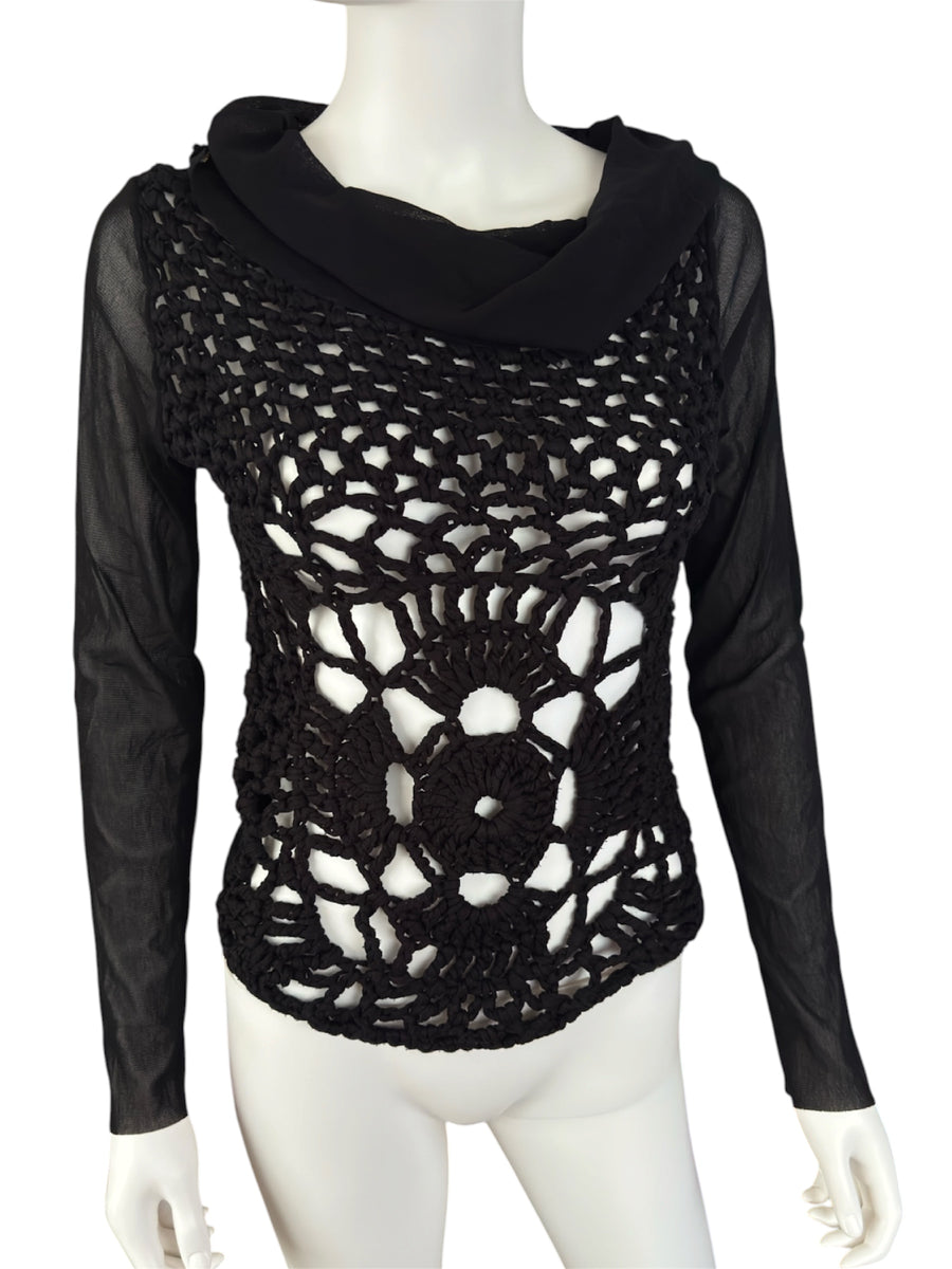 Vintage crochet black long sleeve alternative sheer top