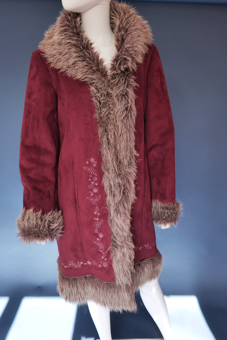 Vintage 00s burgundy plum afghan penny lane coat embroidered