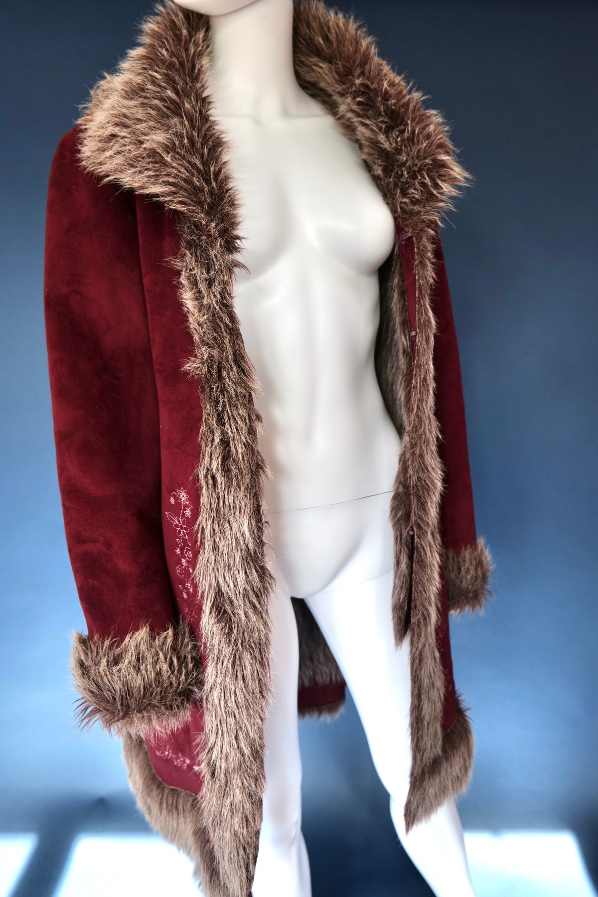 Vintage 00s burgundy plum afghan penny lane coat embroidered