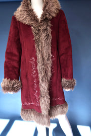 Vintage 00s burgundy plum afghan penny lane coat embroidered