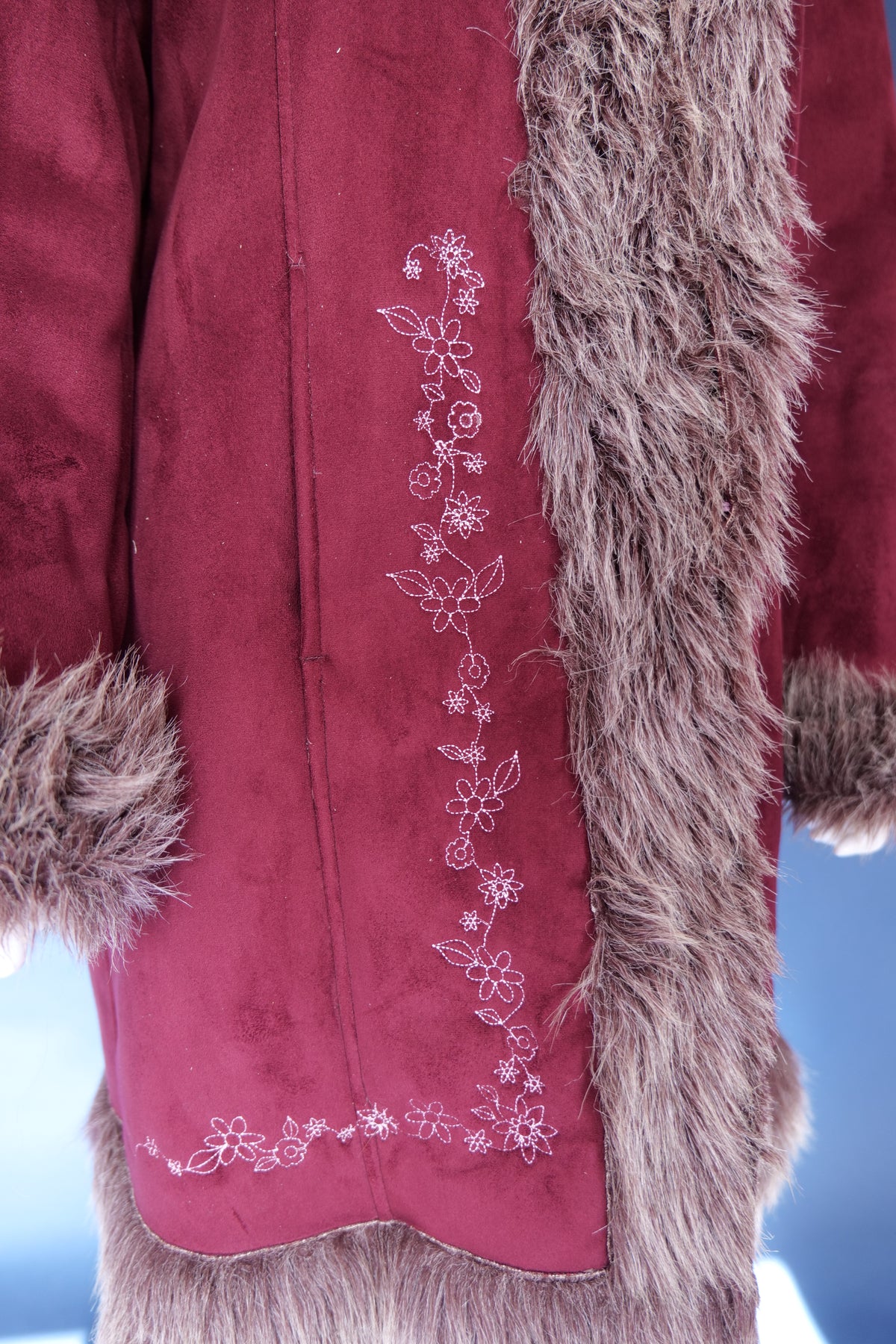 Vintage 00s burgundy plum afghan penny lane coat embroidered