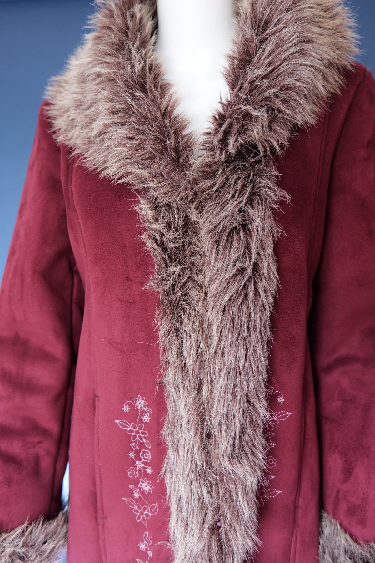Vintage 00s burgundy plum afghan penny lane coat embroidered