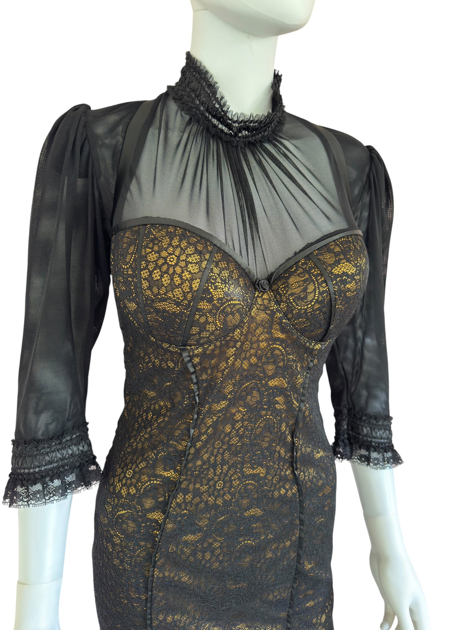 Catwalk collection London designer bronze black lace dress