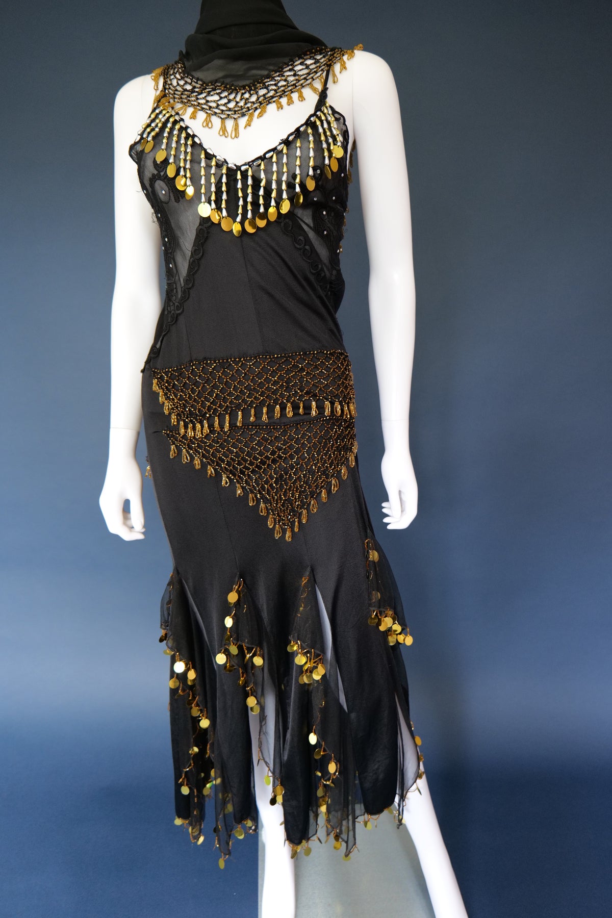 Vintage beaded evening dress and neck scarf / shawl dancer