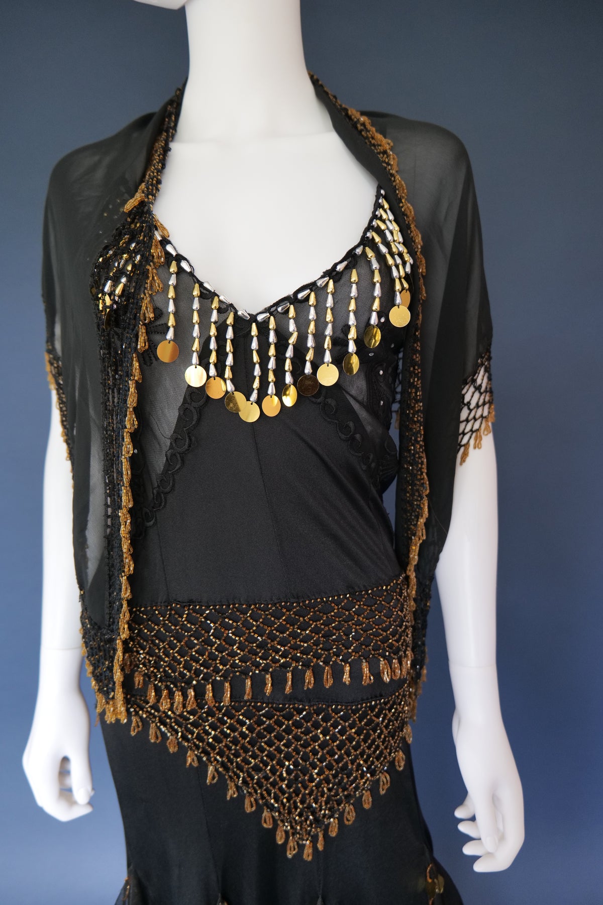 Vintage beaded evening dress and neck scarf / shawl dancer
