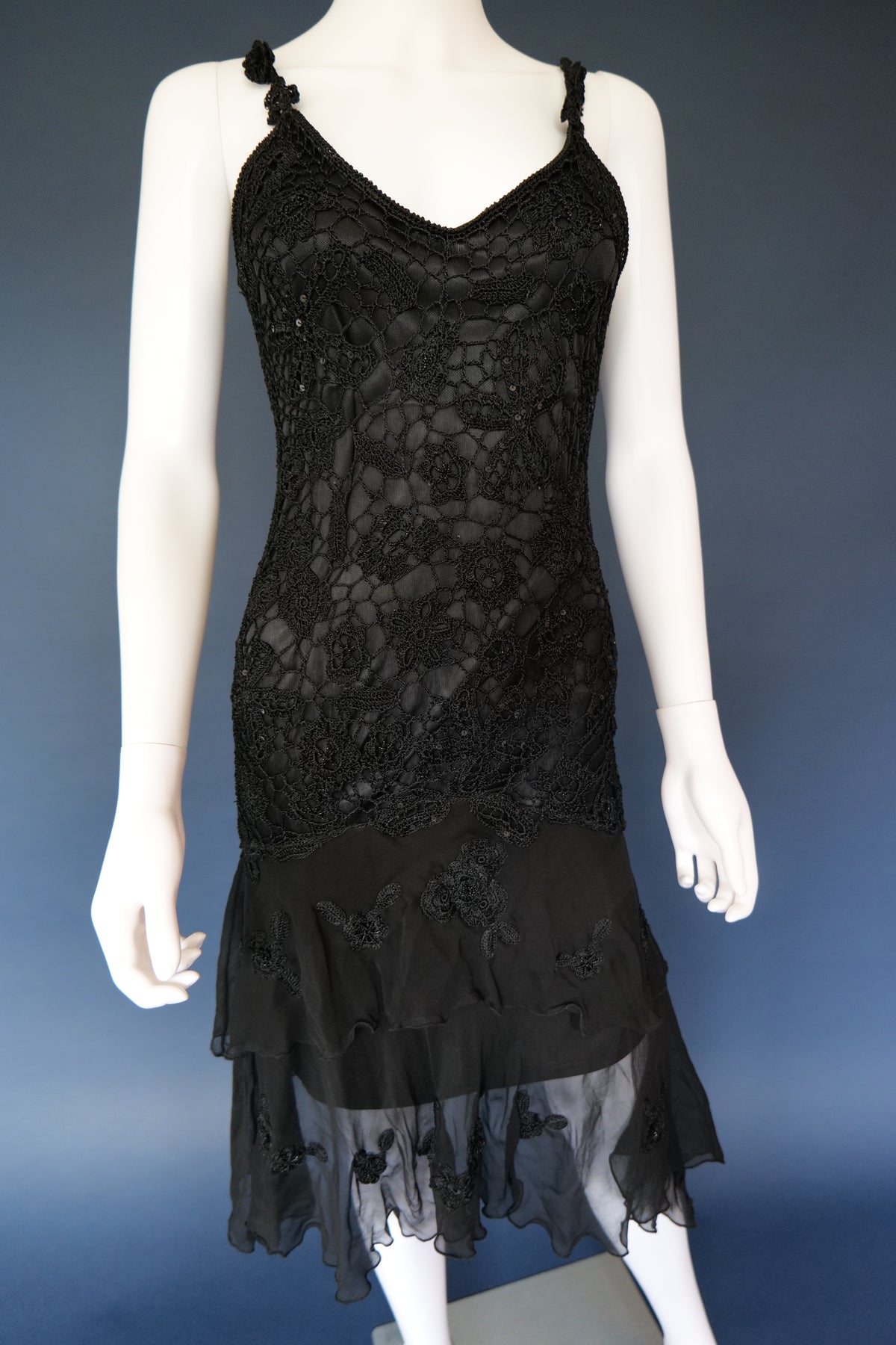 Vintage black embroidered whimsical forest fairy evening cocktail dress