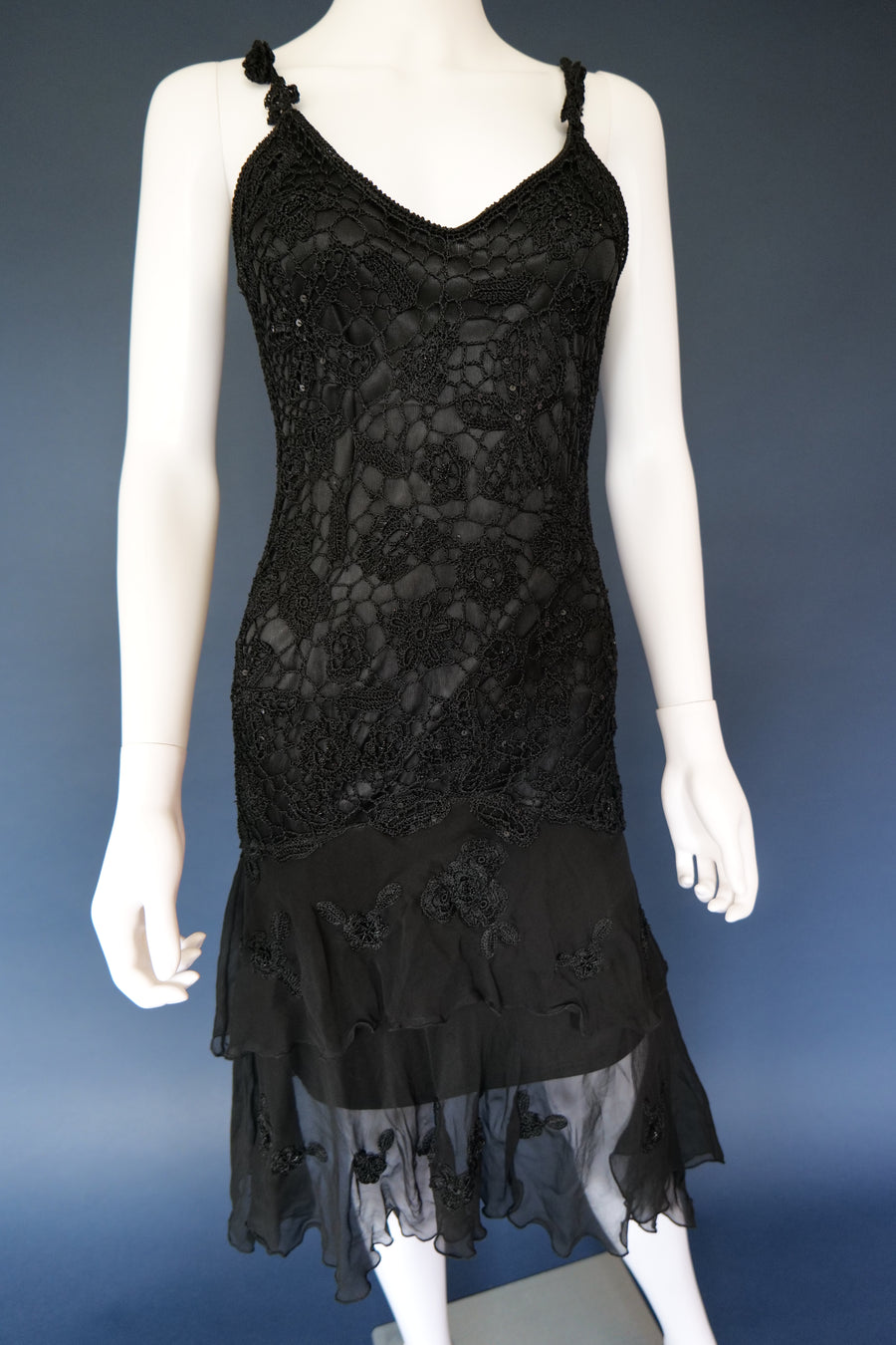 Vintage black embroidered whimsical forest fairy evening cocktail dress