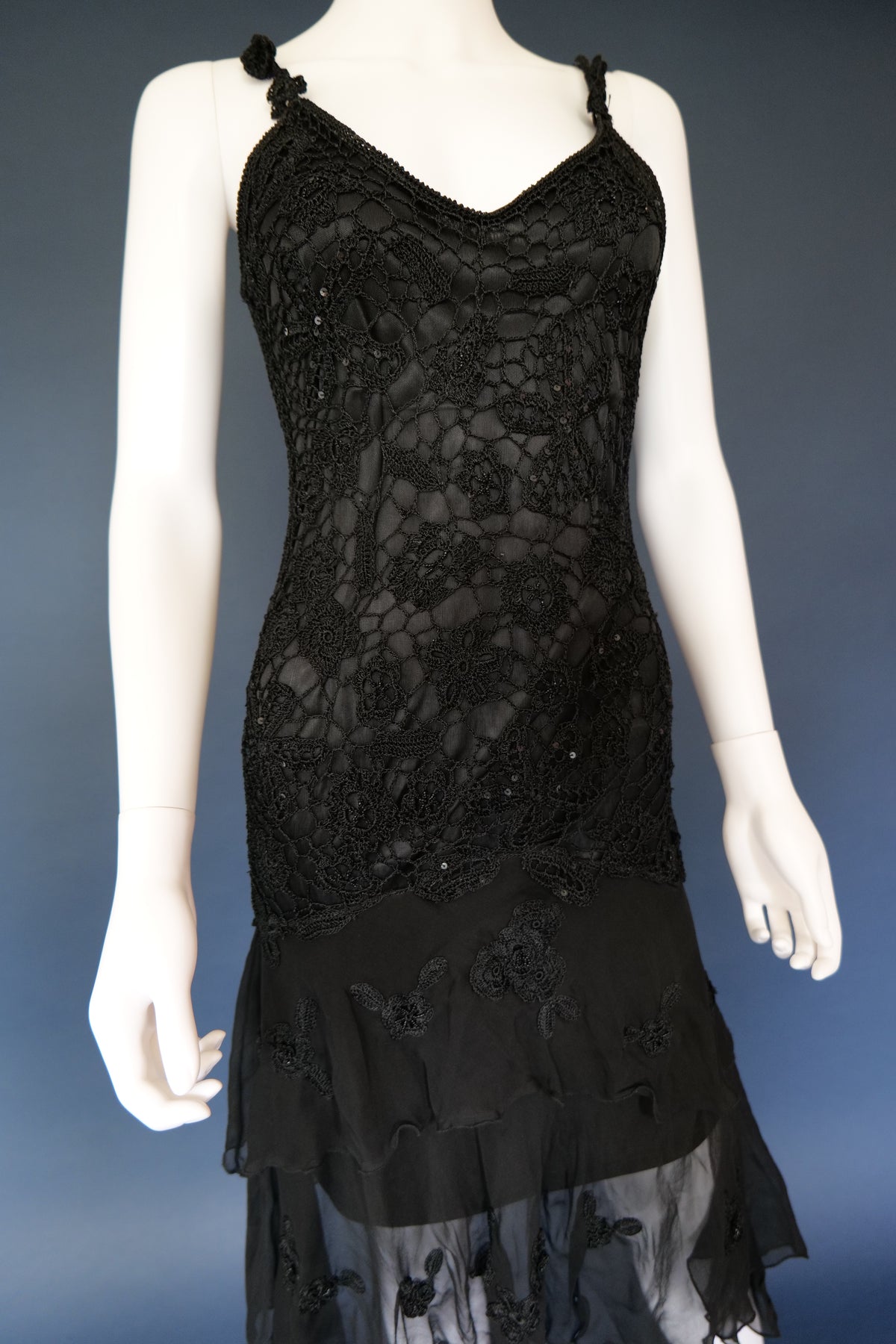 Vintage black embroidered whimsical forest fairy evening cocktail dress