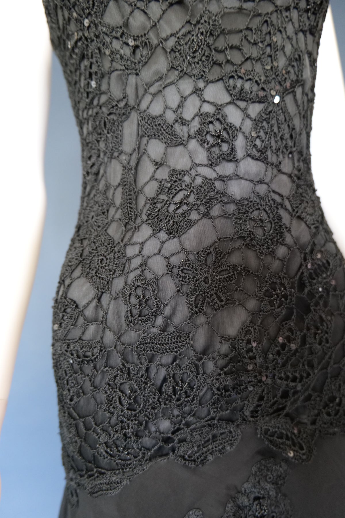 Vintage black embroidered whimsical forest fairy evening cocktail dress
