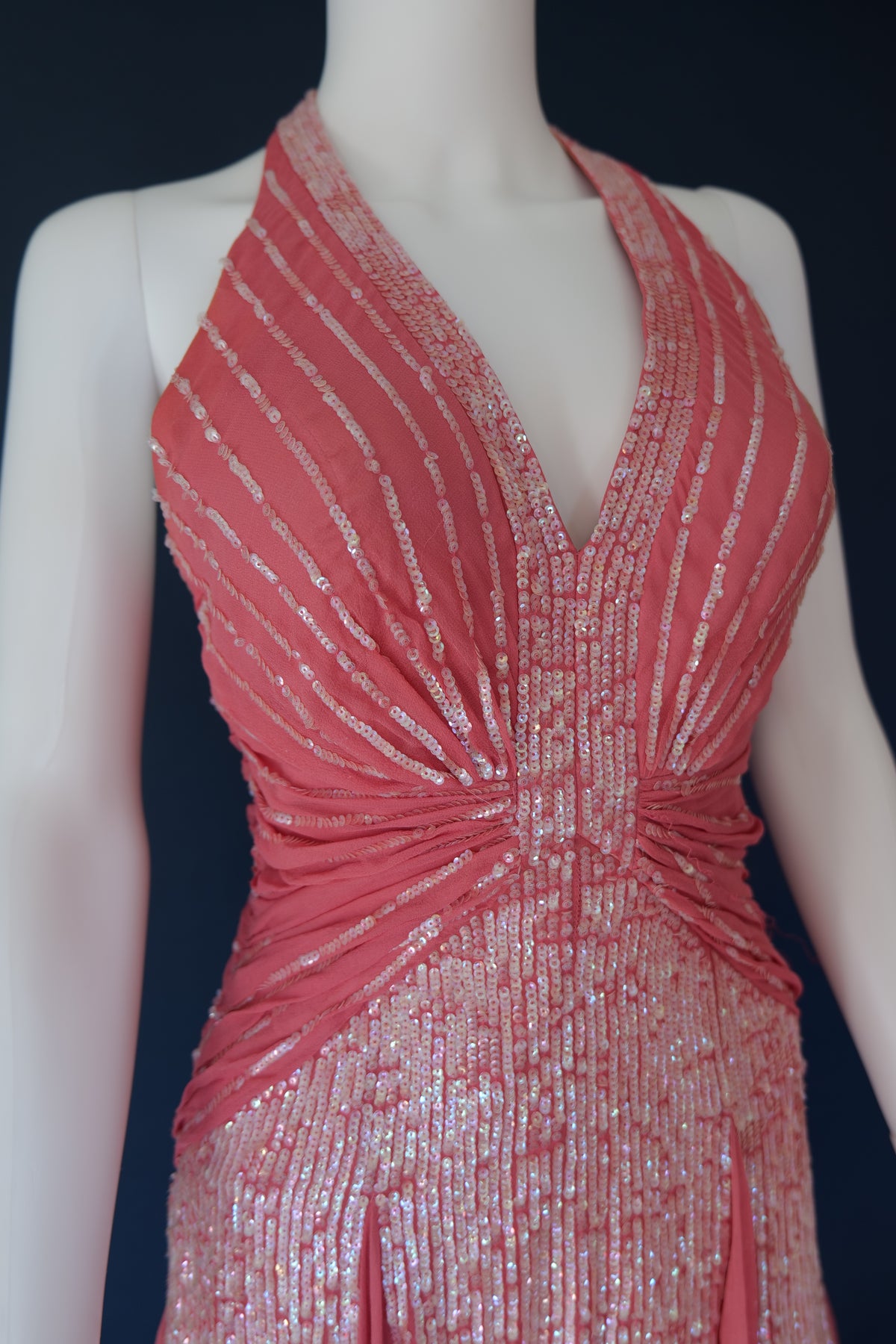 Vintage pink sequin halterneck evening cocktail dress