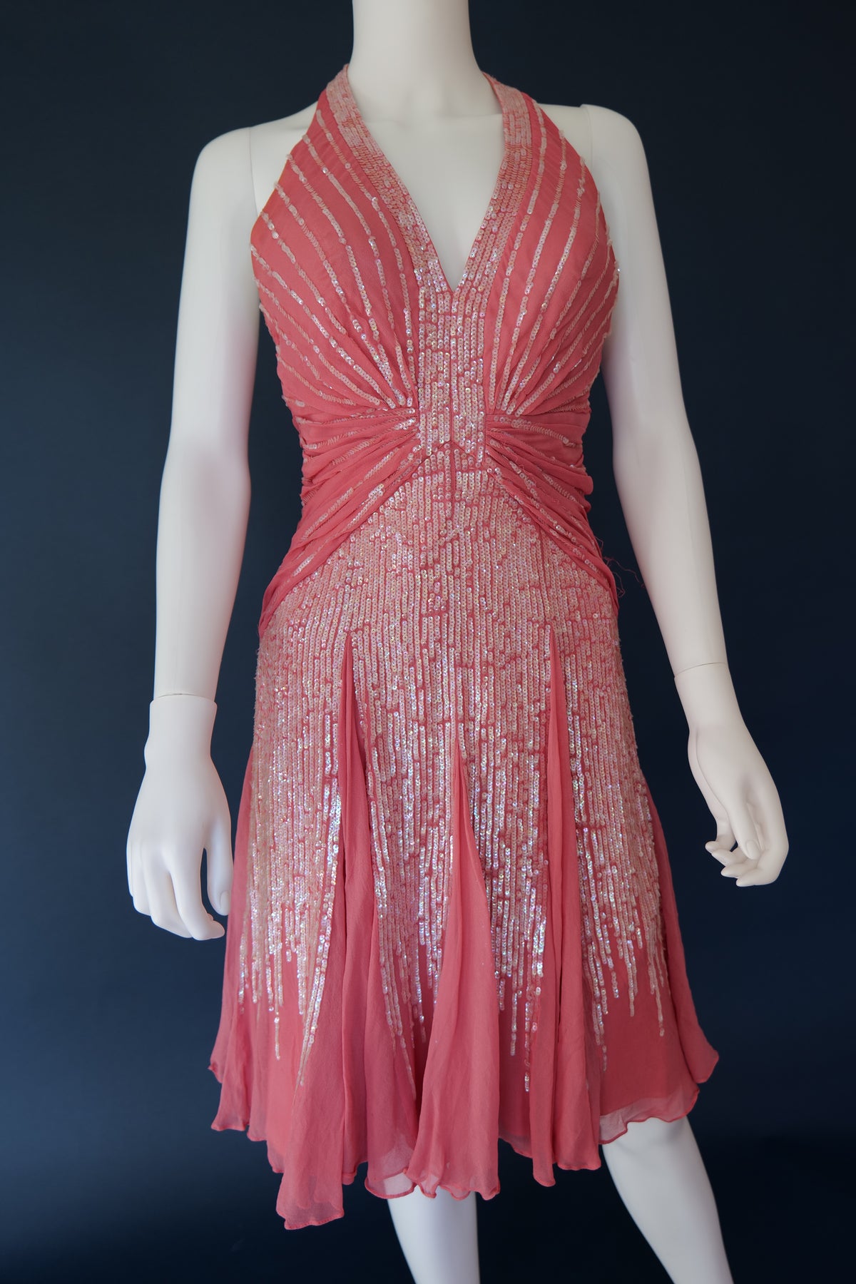 Vintage pink sequin halterneck evening cocktail dress