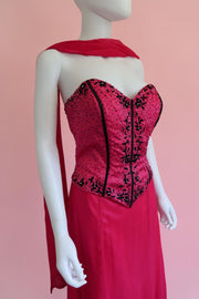 1990s vintage bustier evening dress with neck scarf
