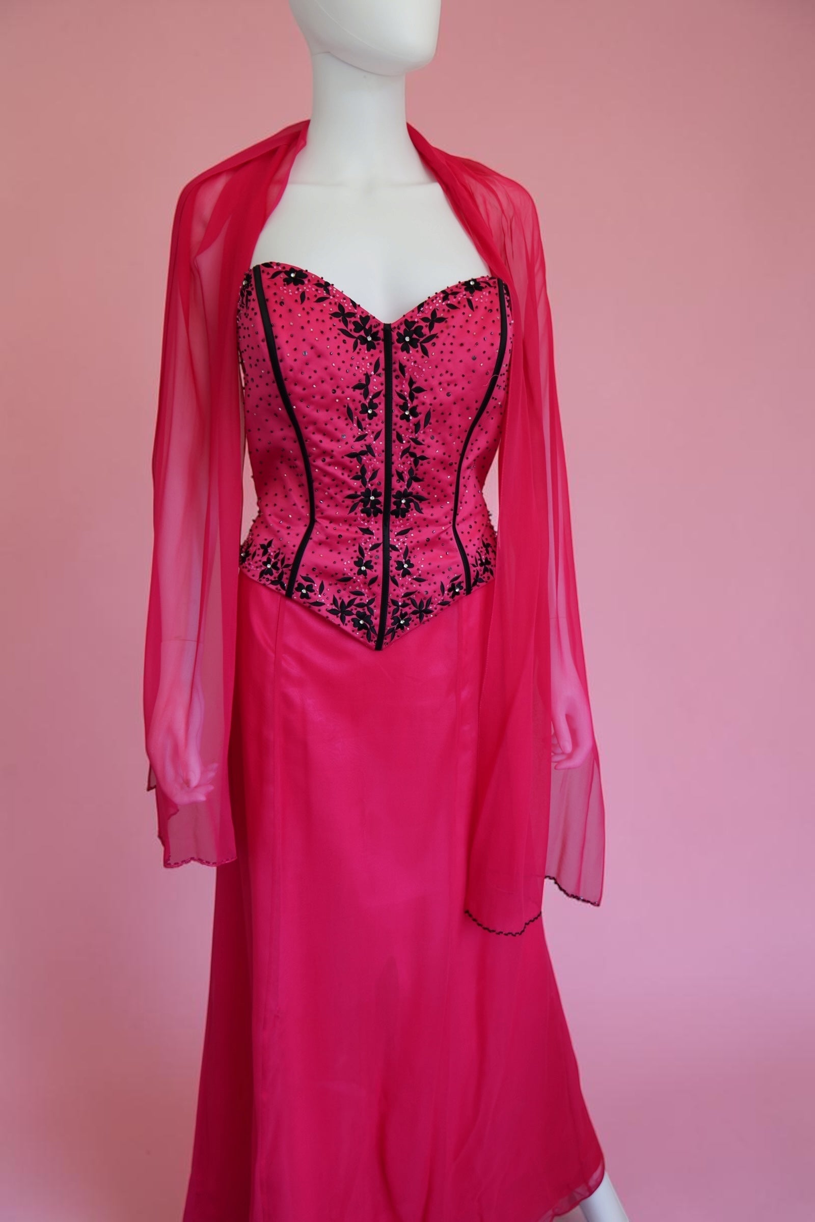 1990s vintage bustier evening dress with neck scarf