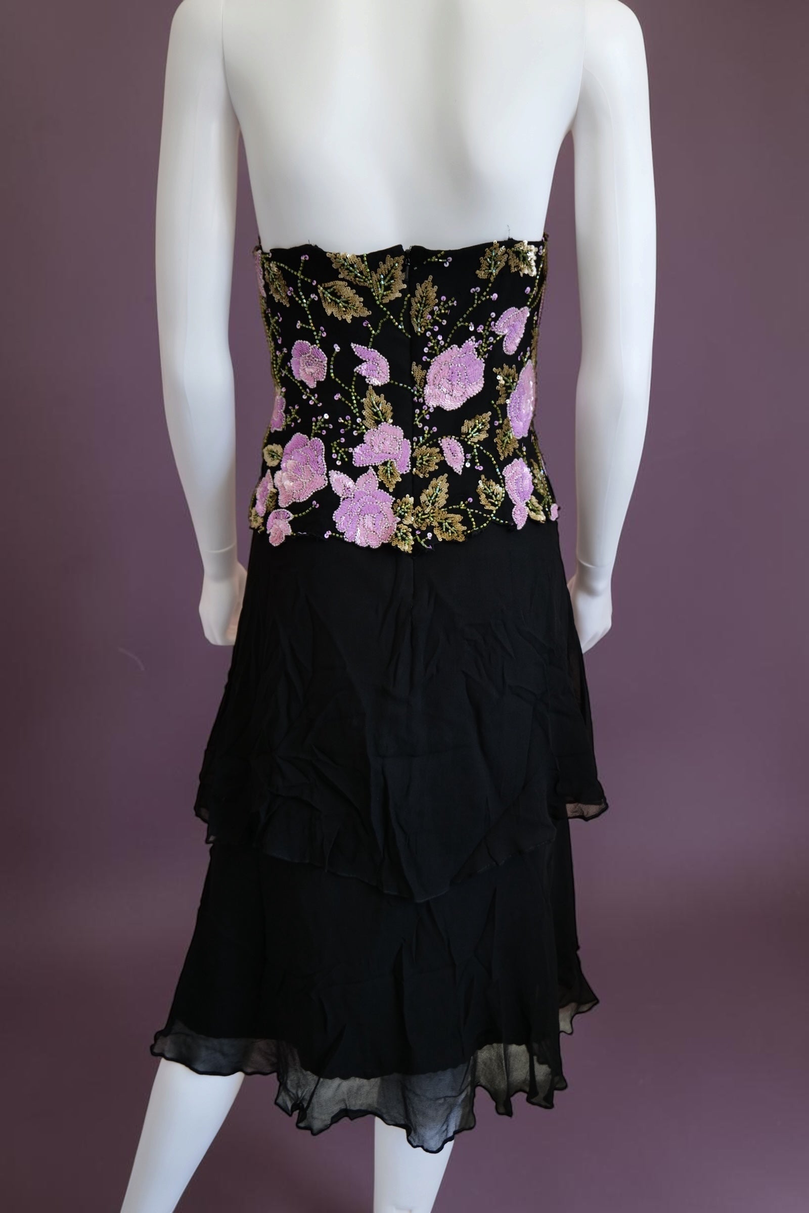 1990s beaded bustier black and lilac evening cocktail dress