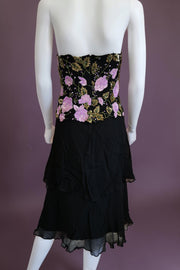 1990s beaded bustier black and lilac evening cocktail dress