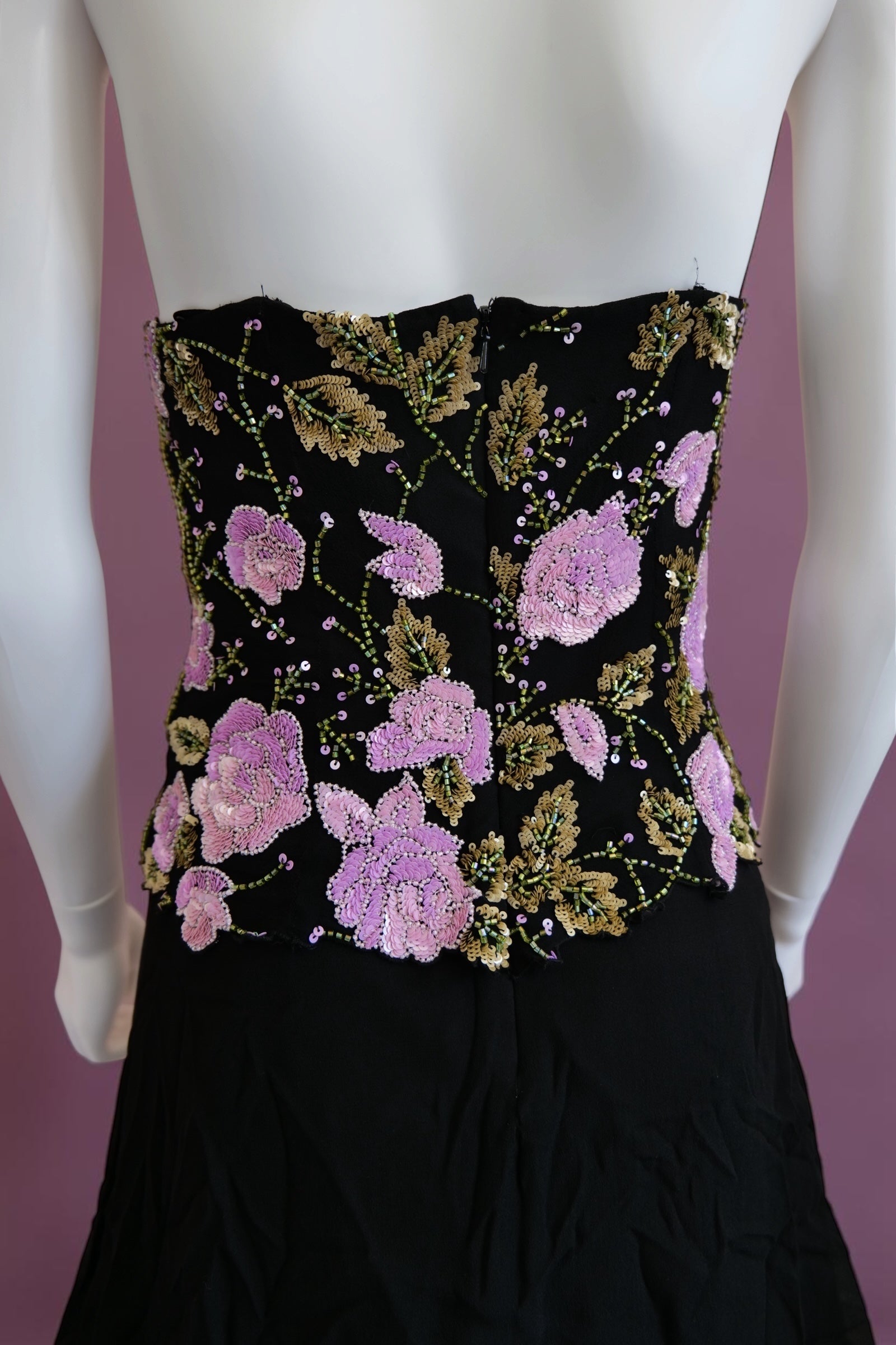 1990s beaded bustier black and lilac evening cocktail dress