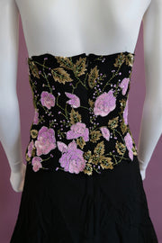 1990s beaded bustier black and lilac evening cocktail dress