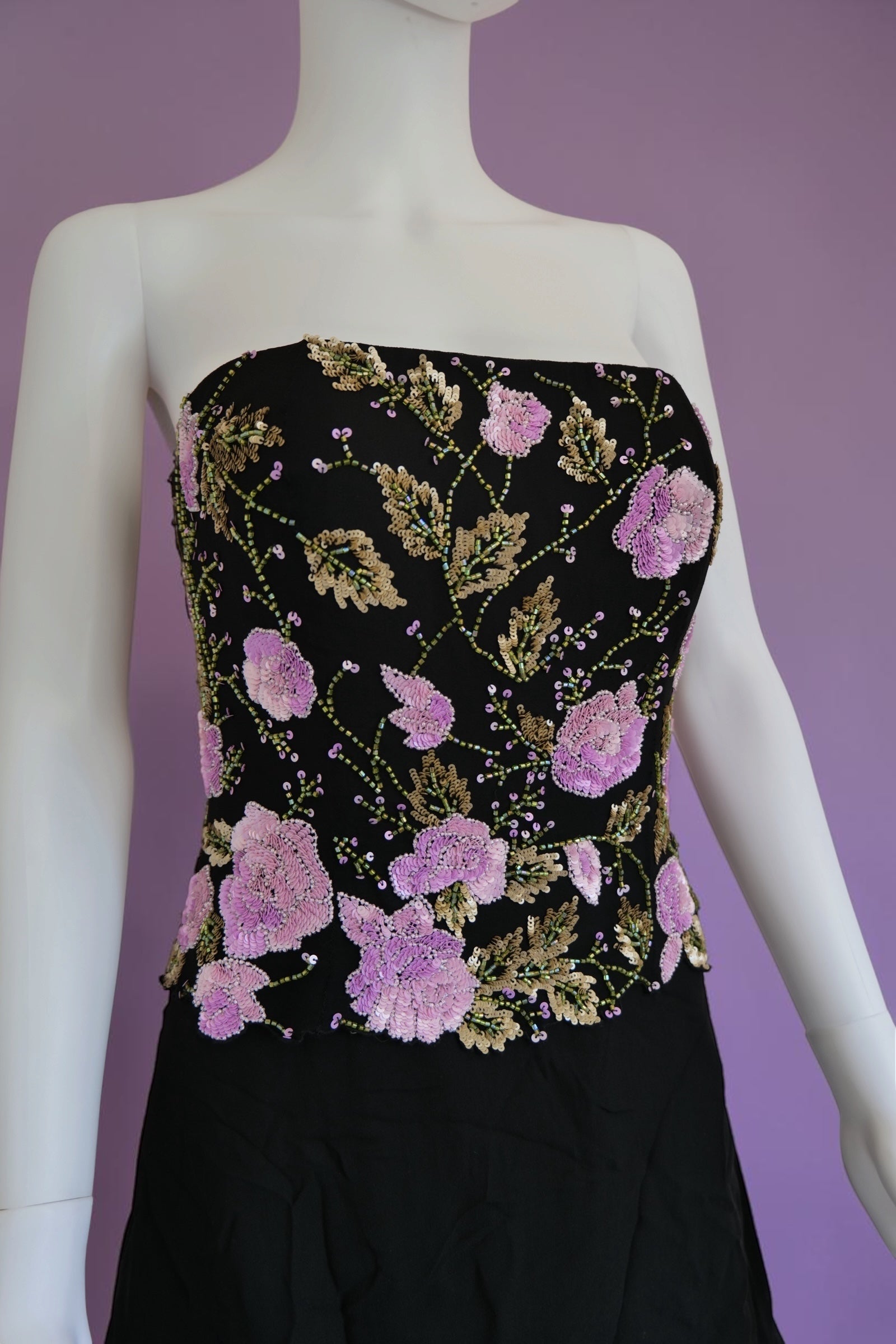 1990s beaded bustier black and lilac evening cocktail dress