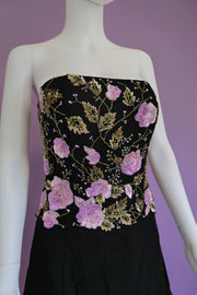 1990s beaded bustier black and lilac evening cocktail dress