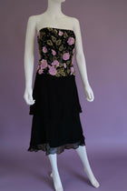 1990s beaded bustier black and lilac evening cocktail dress