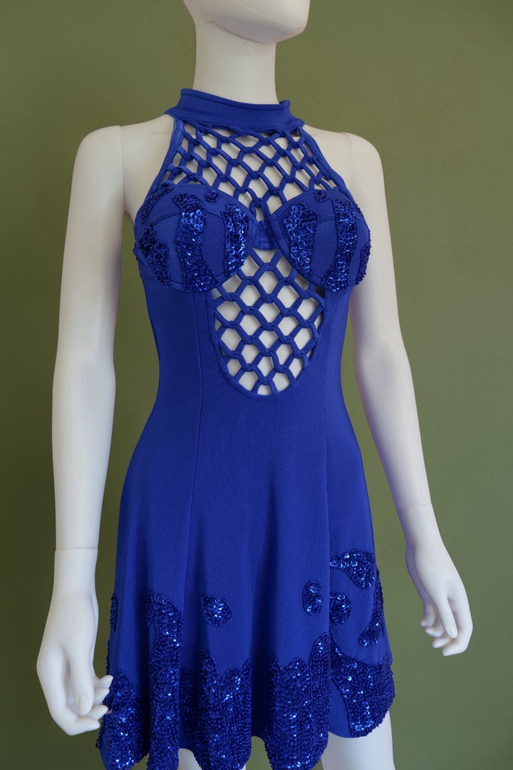 1990s royal blue sequined embellished short skater dress