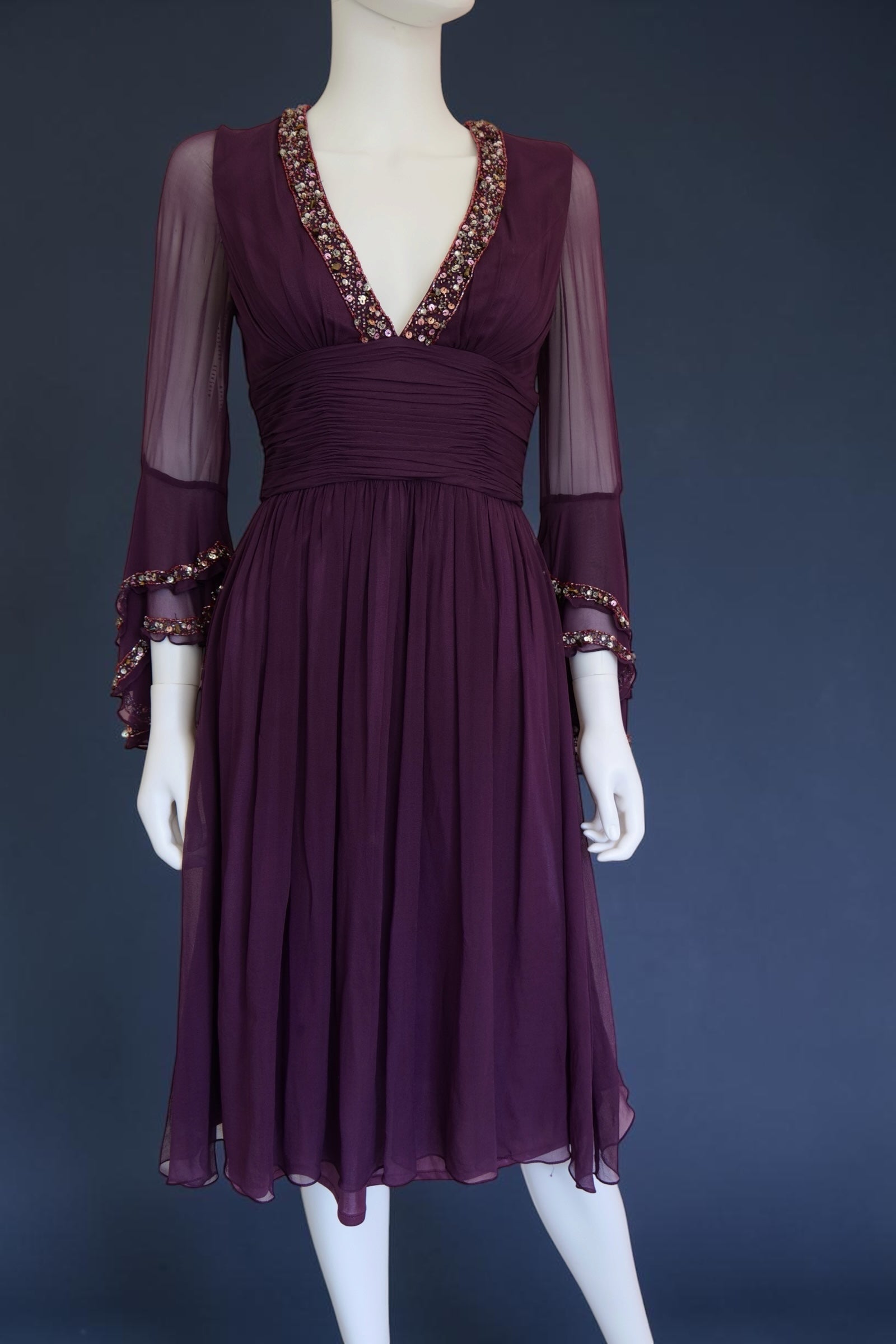 1990s whimsical witchy bell sleeve cocktail dress