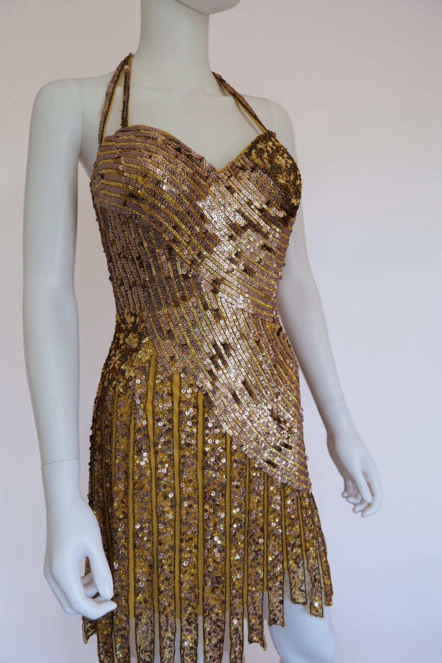 Vintage gold sparkly sequined showstopping cocktail dress halterneck