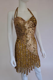 Vintage gold sparkly sequined showstopping cocktail dress halterneck
