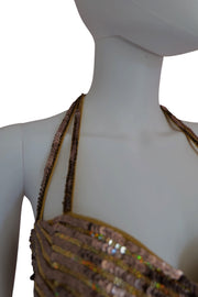 Vintage gold sparkly sequined showstopping cocktail dress halterneck