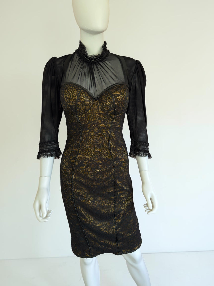 Catwalk collection London designer bronze black lace dress