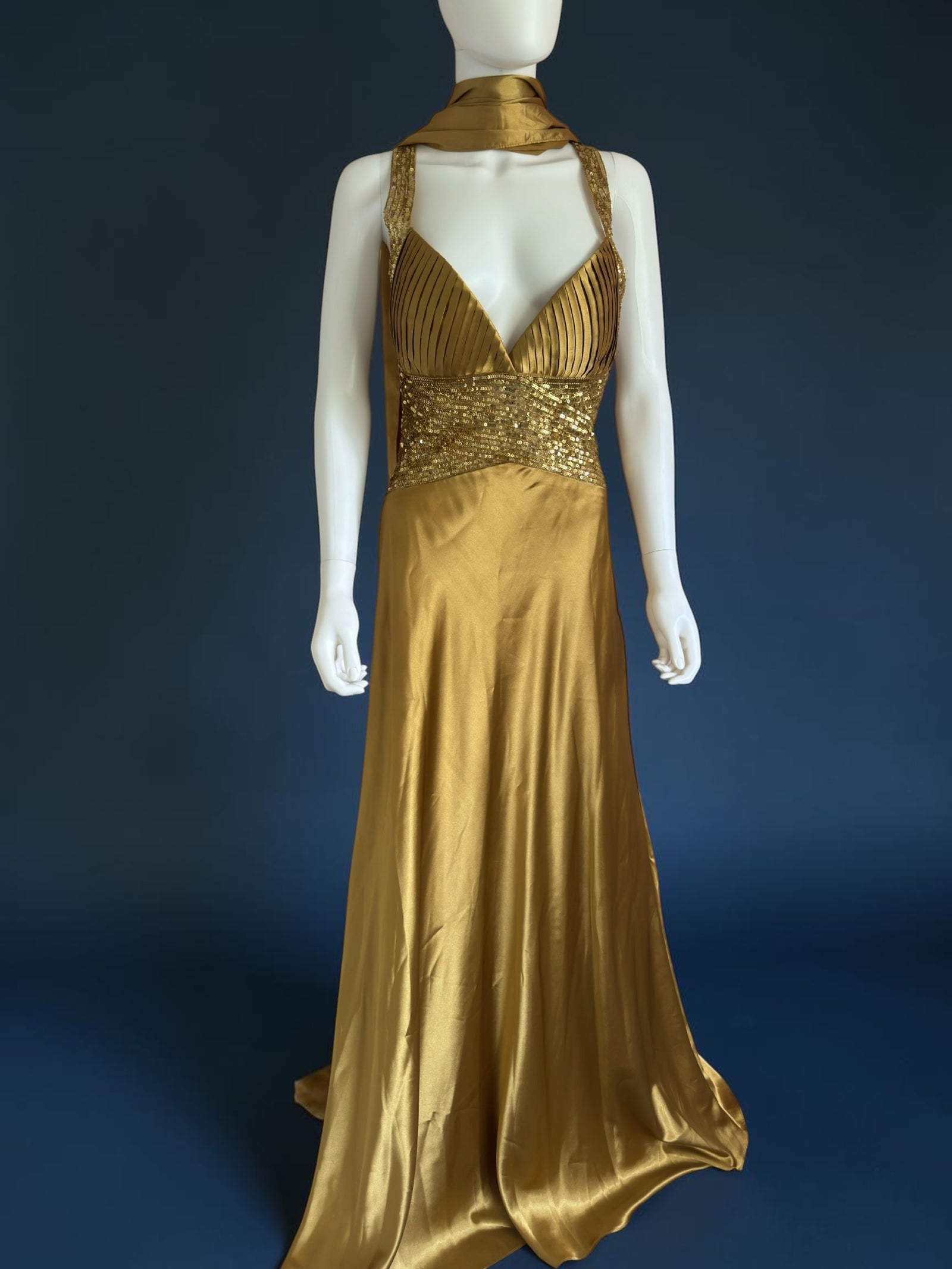 Vintage 1990s gold evening ballgown sequin with neck scarf 100% silk