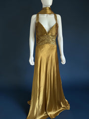 Vintage 1990s gold evening ballgown sequin with neck scarf 100% silk