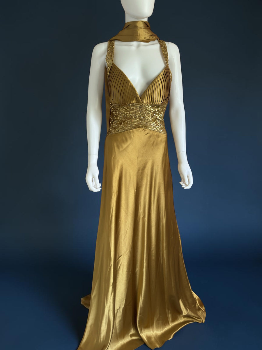 Vintage 1990s gold evening ballgown sequin with neck scarf 100% silk