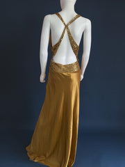 Vintage 1990s gold evening ballgown sequin with neck scarf 100% silk
