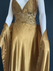 Vintage 1990s gold evening ballgown sequin with neck scarf 100% silk