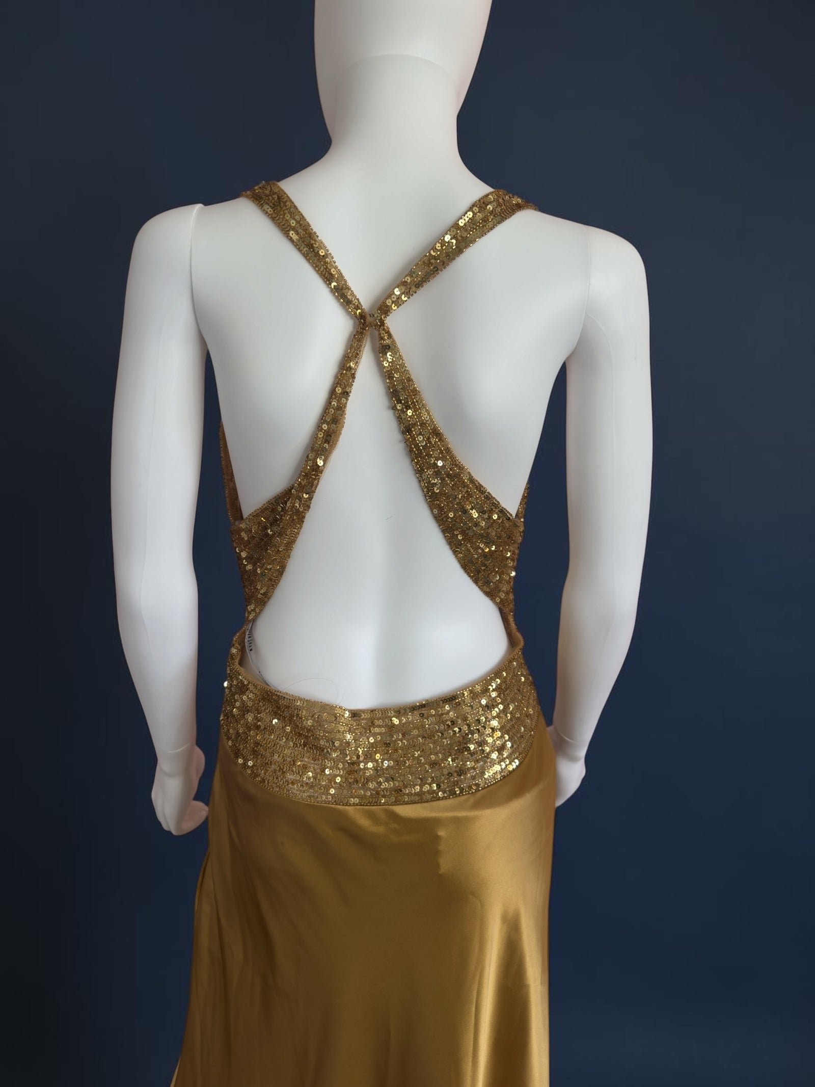 Vintage 1990s gold evening ballgown sequin with neck scarf 100% silk