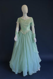 vintage 1980s does 1950s inspired ballgown with matching neck scarf
