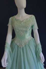 vintage 1980s does 1950s inspired ballgown with matching neck scarf