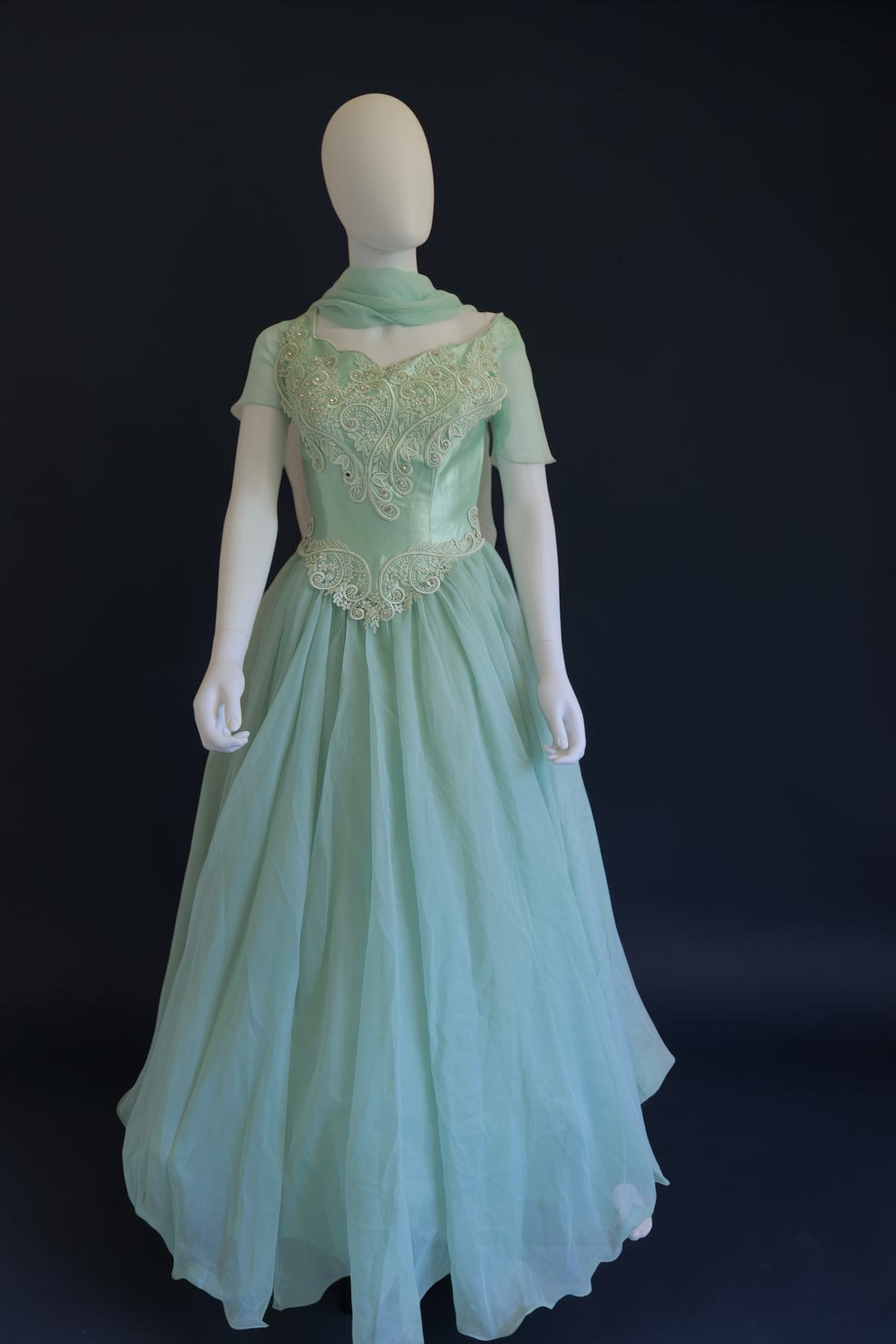 vintage 1980s does 1950s inspired ballgown with matching neck scarf