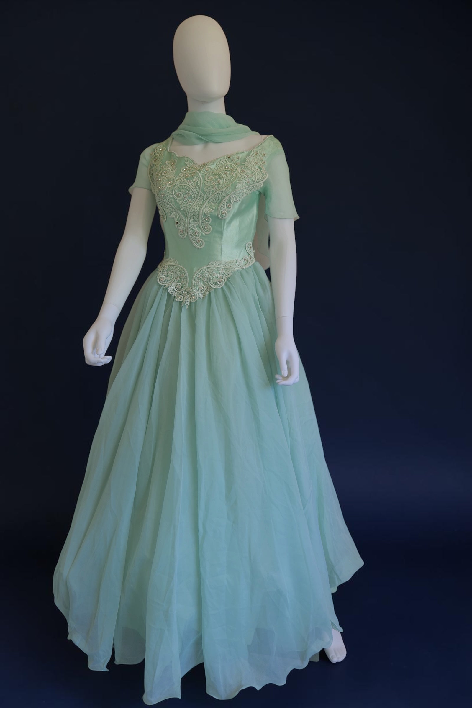 vintage 1980s does 1950s inspired ballgown with matching neck scarf