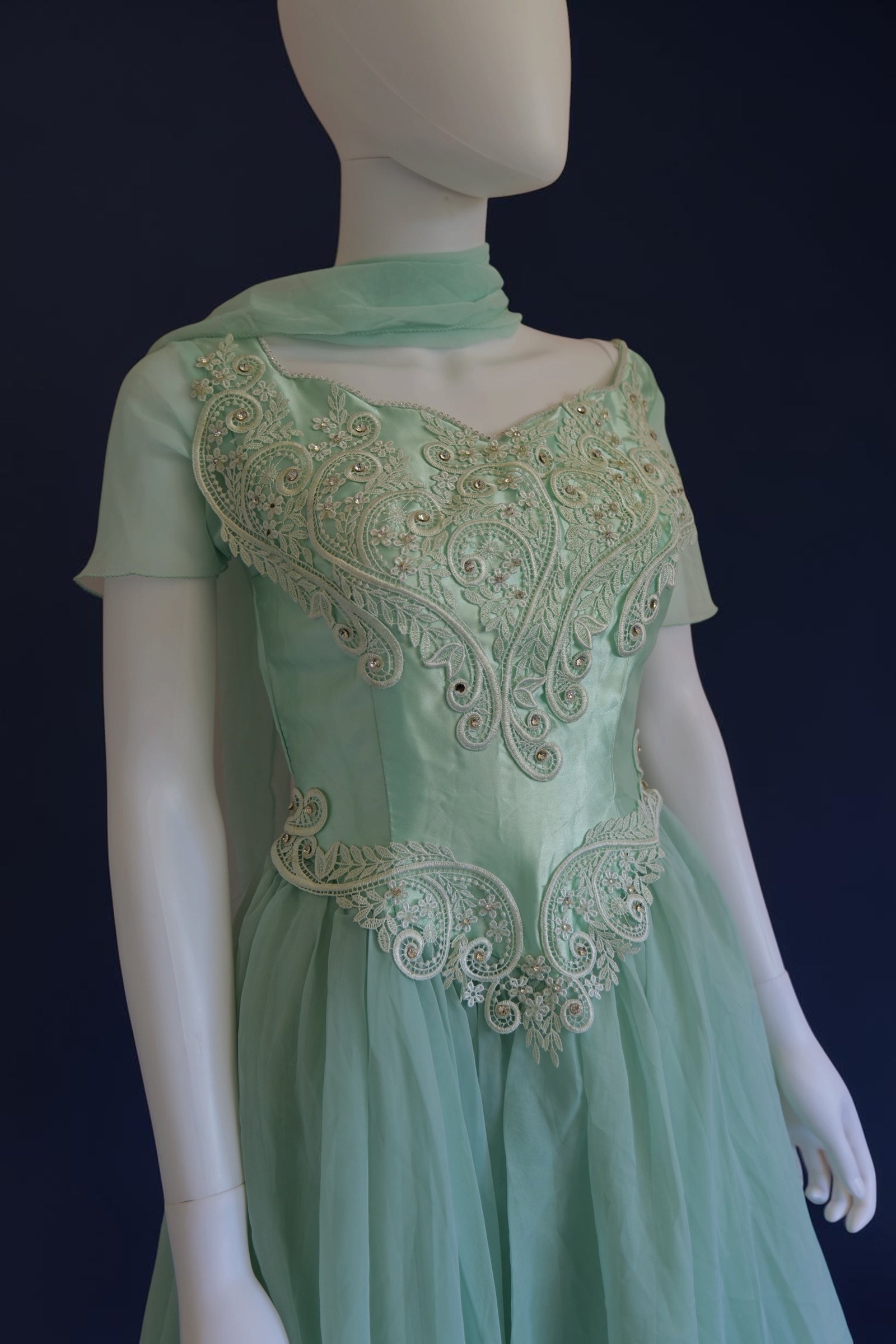 vintage 1980s does 1950s inspired ballgown with matching neck scarf