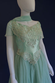 vintage 1980s does 1950s inspired ballgown with matching neck scarf